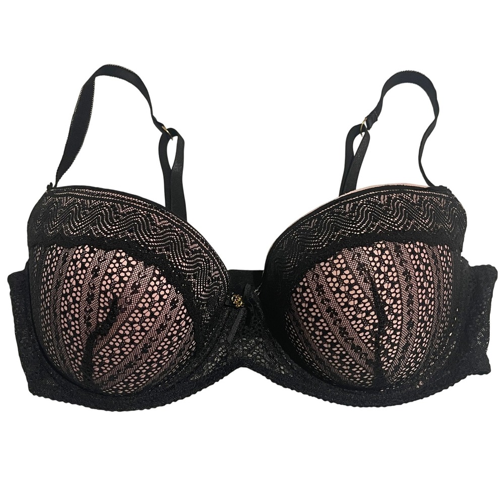 00627‎ Daisy Fuentes Black Lace Push Up Bra Pink Logo Lined Cups 40D Preowned